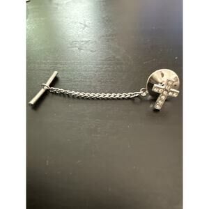 1960s Silver Tone Rhinestone Cross Tie Tack